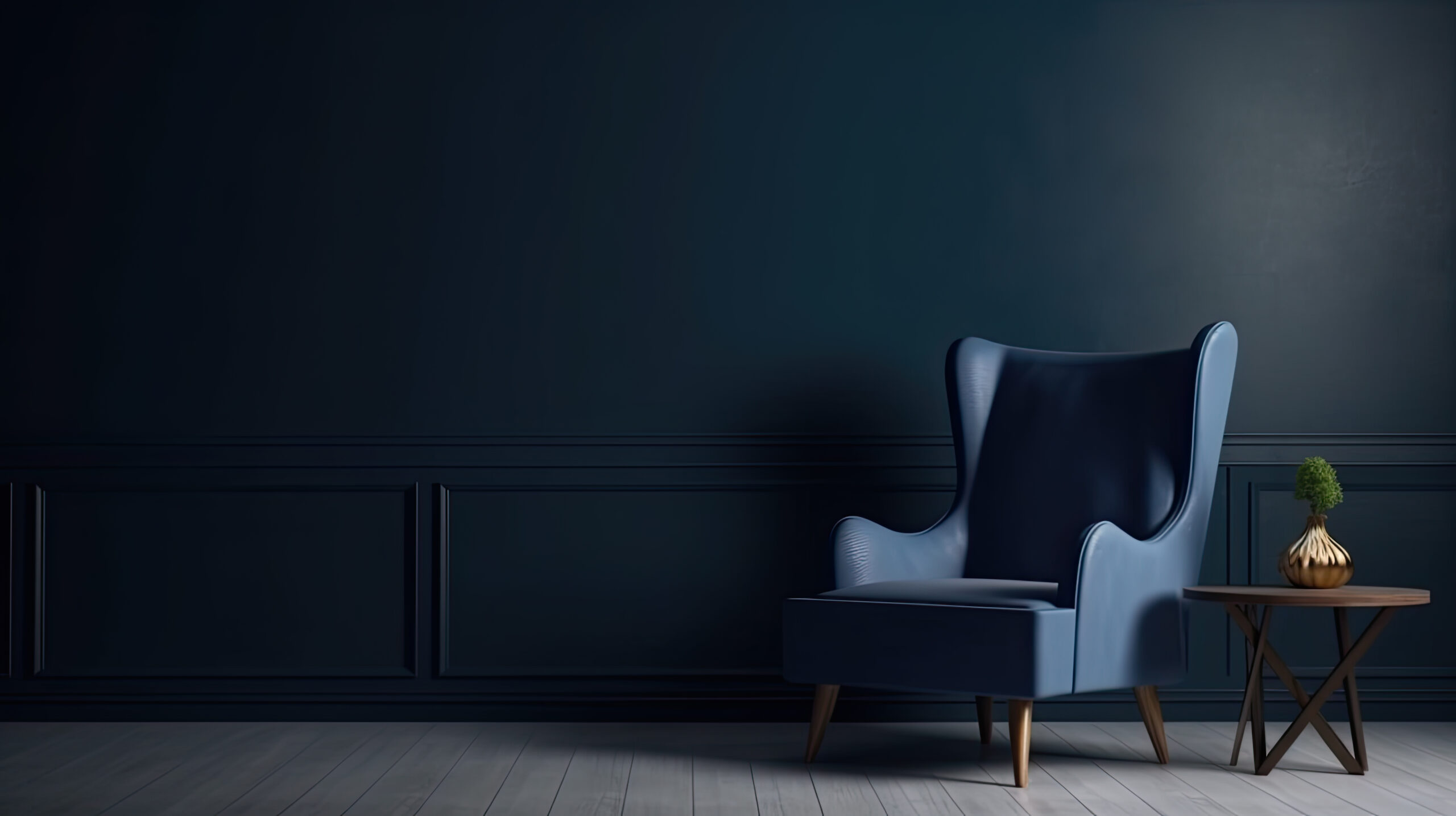 Blue armchair against blue wall in living room interior. Elegant interior design with copy space.